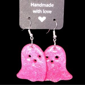 Handmade Halloween Earrings Hot Pink GHOSTS Glitter Sparkly Holiday Jewe…